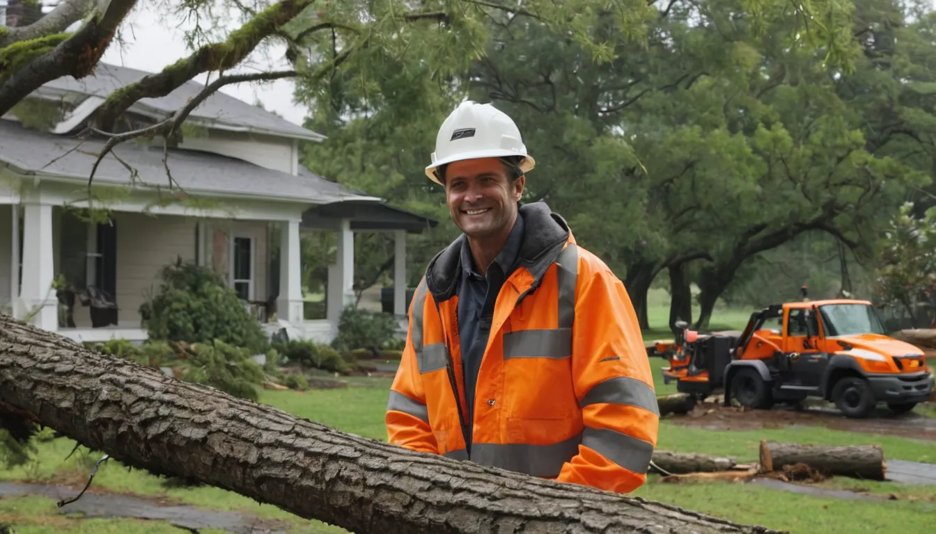 Friendly local provider assessing a storm-damaged tree near a house in Corcoran